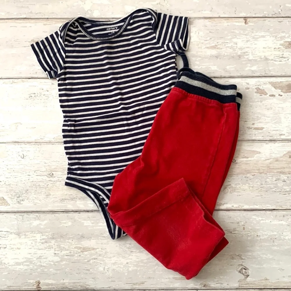Carters 12m Baby Outfit Navy Blue Stripes Onesie Red Pants Sweatpants Kids Set